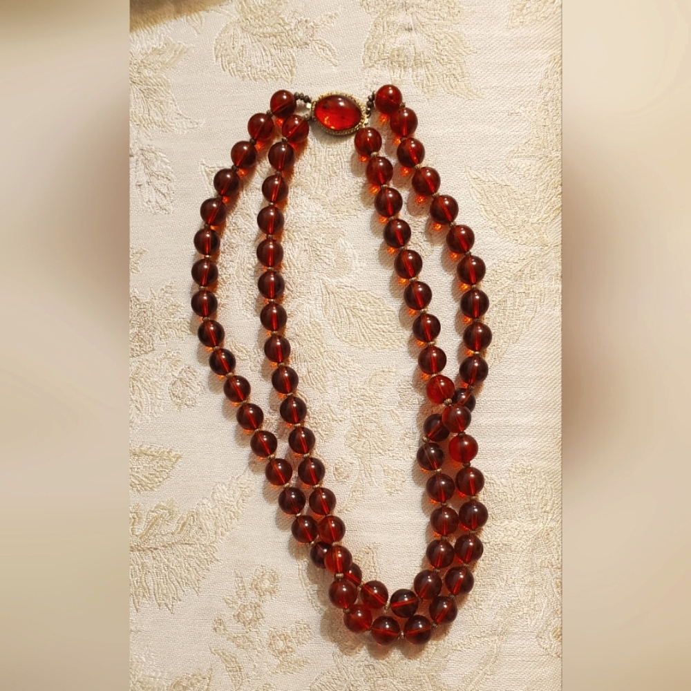 Vintage Double Strand Brown Beads With Brass Tone Necklace Midcentury Modern